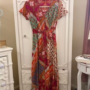 Colorful Boho Patchwork Maxi Dress – Paisley Print V-Neck Tie Waist Summer Dress